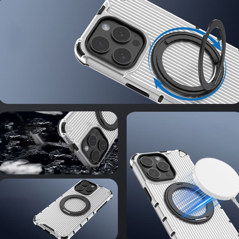 360° Rotating Magnetic Stand Case with Grooved Stripes for iPhone 16