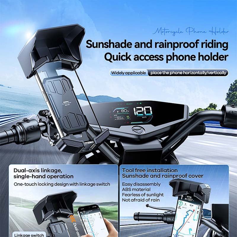 360° Rotating Motorcycle Phone Mount with Sunshade & Rain Protection – Landscape & Portrait