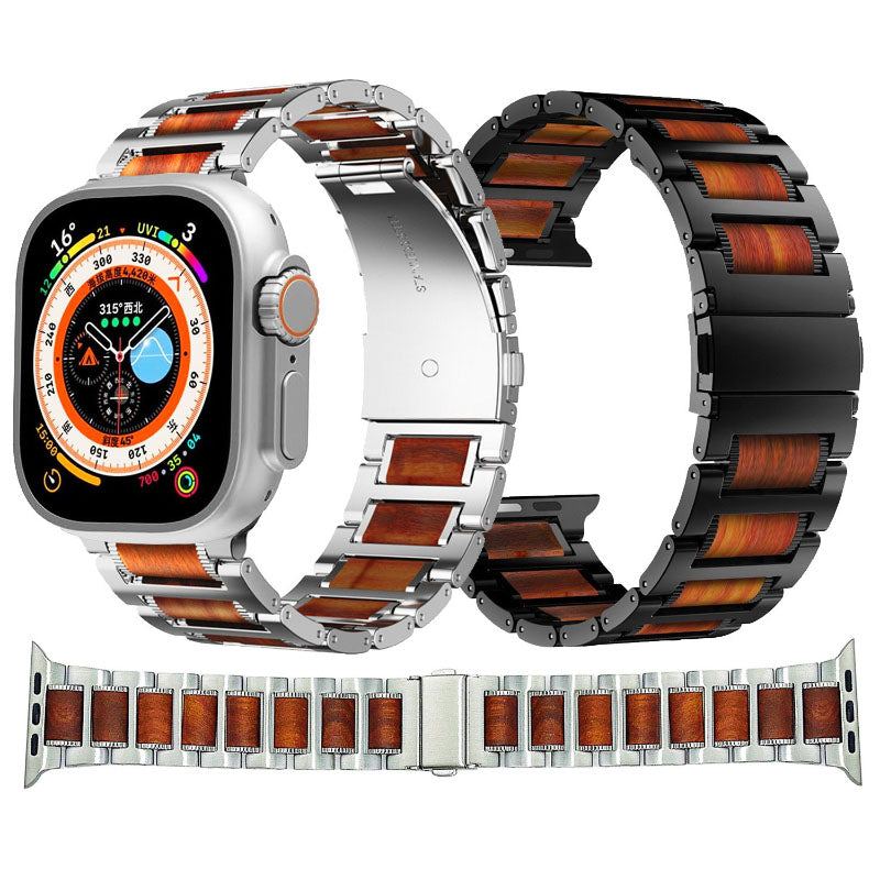 "AdventureFit" Stainless Steel And Wood Metal Butterfly Buckle Band For Apple Watch