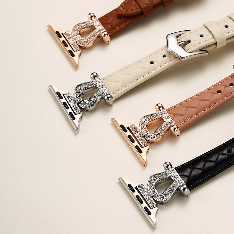 Genuine Leather Band With Metal-Set Diamond Connector For Apple Watch