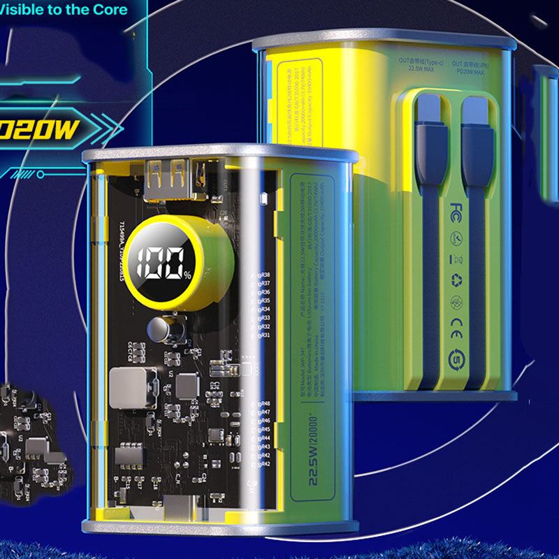 "See through me" 20000mAh 22.5W Fast Charging Power Bank With Built-In Cable